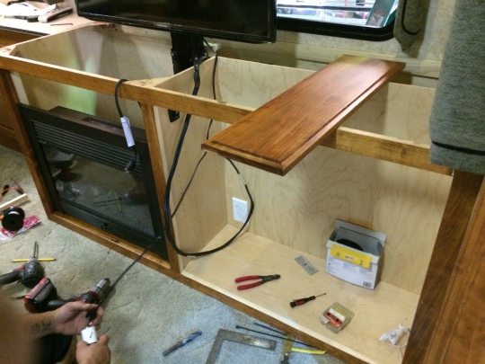 AMISH CUSTOM TV, FIREPLACE & STORAGE CABINET, rv amish cabinets, motorhome amish cabinets, rv furniture, rv renovation, motorhome furniture, motorhome renovation